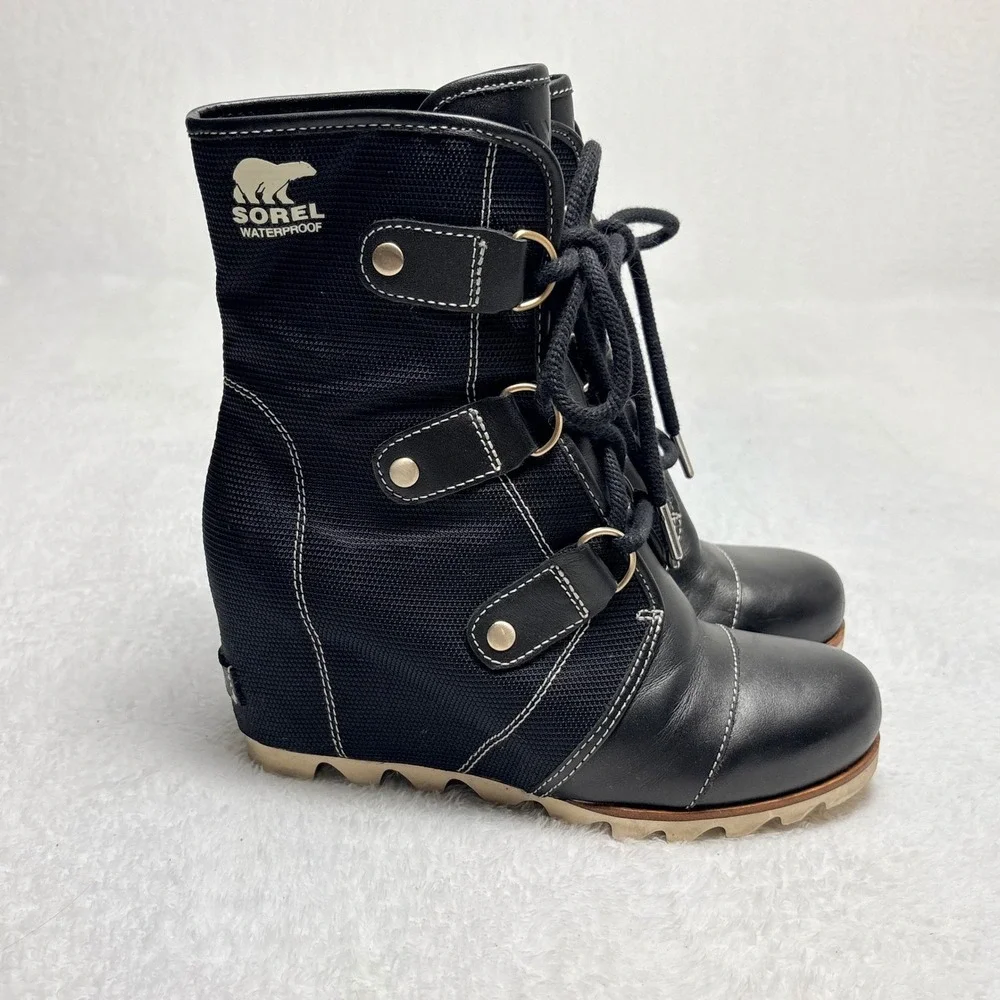 Sorel Joan of Arctic Mid Wedge Celebration Black Waterproof Boots Sz 8 Utility